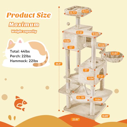 DUMOS Large 66 Inch Cat Tree Tower with Scratching Posts, Indoor Use - color: Beige, size: 66 Inch