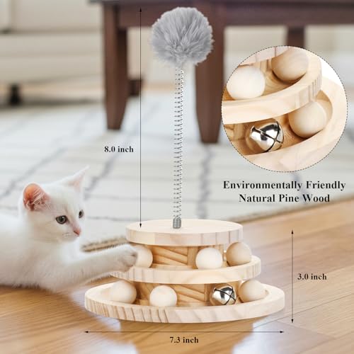 2-Tier Wooden Cat Ball Track Toy - Non-Toxic Cat Turntable with Removable Balls, Interactive DIY Circle Toy for Kittens & Cats Mental/Physical Exercise, Safe Natural Wood Kitty Roller - size: 7.3