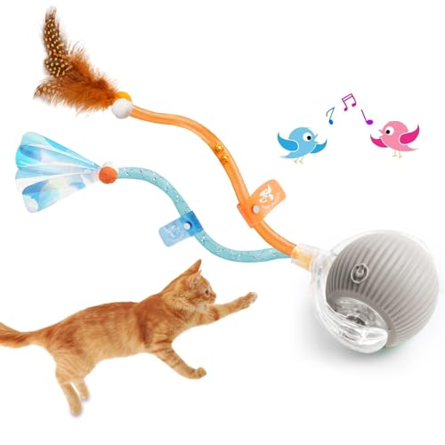 2025 New Generation Interactive Cat Ball Toy with Elastic Mesh Tail - Automatic Motion-Activated Chirping Kitten Toy for Indoor Cats, Relieves Boredom & Encourages Play - color: Grey