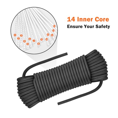 AOLEBA 8.5mm Static Climbing Rope, Outdoor Rock Climbing Ropes, Heavy Duty Rappelling Rope for Fire Rescue, Escape, 10M(32Ft) 20M(64Ft) 30M(96Ft) Ice Climbing Equipment & Parachute Accessories - color: Black, size: 32FT