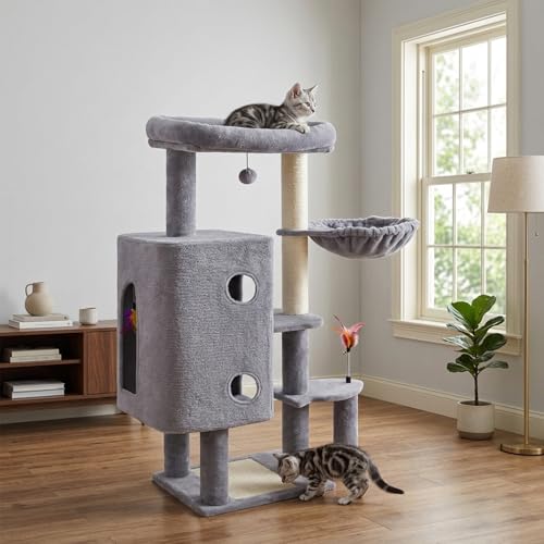 HUITREE 45in Cat Tree Tower with Big Condo for Indoor Cats,Cat Tower with Scratching Post,Scratching Board and Cat Toys,Multi-Level,Small Space,Transformer Cat Tree (336G) - color: 336G