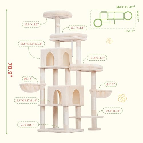 Hey-brother Cat Tree Tower with Stable Extended Base, 3 Platforms, MPJ038M - color: Beige