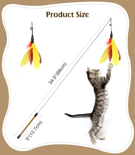 Pawaboo Cat Feather Wand Interactive Toy, 2 Feathers + 1 Wand with Bell - color: Yellow + Red Brown