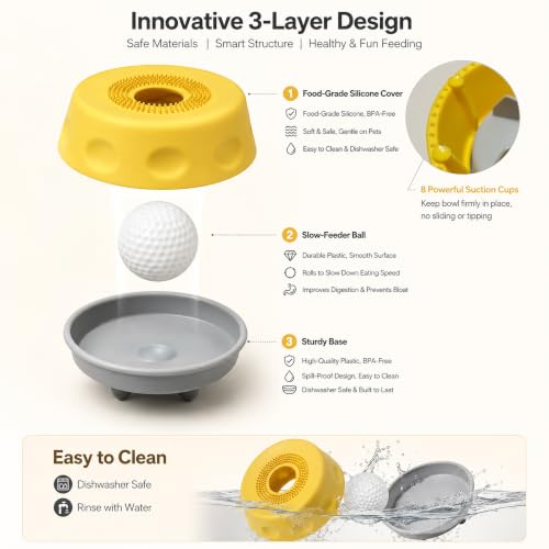 2PCS Slow Feeder Dog Bowl Lick Toy with Rolling Ball & Suction Cup - color: Blue+Yellow