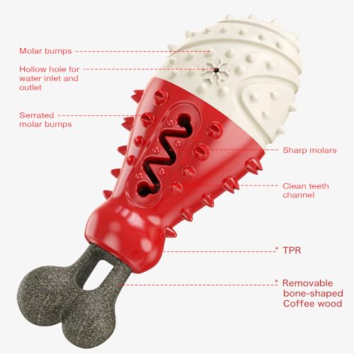Cooling Freezable Dog Toy with Natural Coffee Wood – Dental Cleaning, Teething Relief & Treat Dispensing Chew Toy for Small Medium Large Breeds (Red) - color: Red