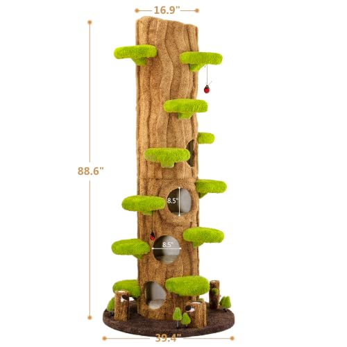 91" Tall Cat Tree for Indoor Cats, KAMABOKO Large Cat Tower with 6 Luxury Cat Condo, Soft Cushion, Scratching Board, Plush Platform & Top Perch, Magic Forest Series, Green - color: mint green