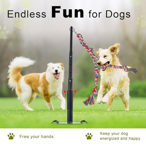 Outdoor Tug of War Dog Toy, Tether Interactive Dog Tug Toy Backyard Heavy-Duty Dog Solo Play Exercise Toy for Large Medium Dogs, Height Adjustable, 2 Rope Toys