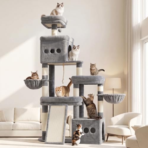 Heybly Cat Tree 72.4-Inch Anti-Tip Cat Tower with Spacious Perches HCT060W - color: Light Gray