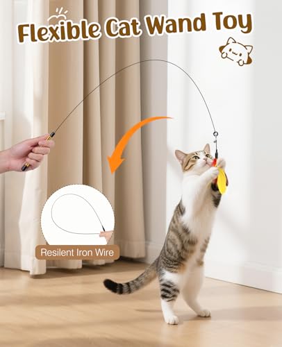 Pawaboo Cat Feather Wand Interactive Toy, 2 Feathers + 1 Wand with Bell - color: Yellow + Red Brown