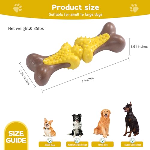 Durable Dog Chew Toys for Large Dogs - Tough Bone-Shaped Dental Chew with TPR Rubber & Wood Fiber, Teething & Aggressive Chewer Toys for Medium/Large Breed, Long-Lasting Teeth Cleaning & Stimulation - color: Yellow