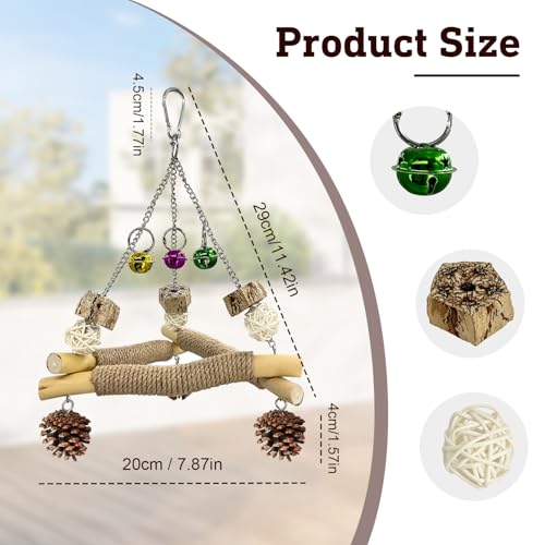 Bird Swing with 3 Bells & Natural Chew Toys – Triangular Perch Stand with Sisal Rope for Parakeets, Cockatiels, Lovebirds, Conures, Parrot – Stable Balance Trainer & Beak Care