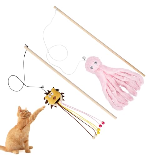 2-Pack Cat Toy Wand Set: Interactive Cat Teaser Wands with Bells and Streamers to Engage Your Cat’s Natural Instincts (Dog and Octopus) - color: Dog and Octopus