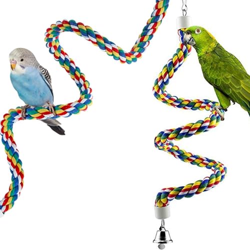 Colorful Cotton Bendable Rope Perch Swing Bird Chew Toys Cage Toys with Bell Swing Climbing Standing Bungee Bird Toys for Conures,Parrots,Cockatiel,Lovebird,Budgerigar,Parakeet (M) - size: M