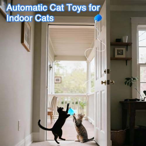 Cat Toys Interactive for Indoor Cats, Rechargeable Toy Hanging Door Electric with 4pcs Feathers Toys for Bored Kittens (Blue) - color: Blue