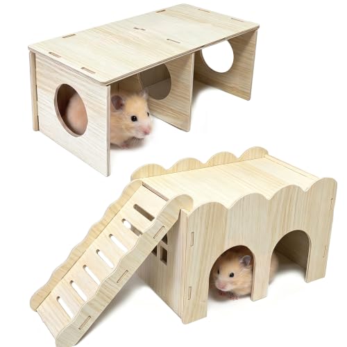 2 PCS Wooden Hamster Hideout Multi-Chamber Tunnel Hamster House Hiding Maze Platform Stuff Exploring Toy Cage Accessories for Gerbil Rat Mice - size: L+L