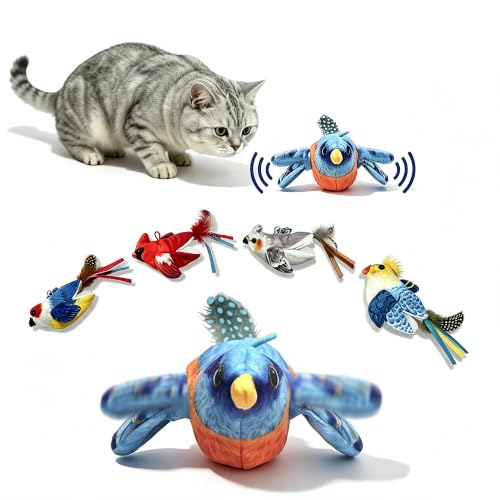 Interactive Flapping Bird Cat Toy for Indoor Cats, Auto Chirping Cat Toys, Touch Activated Rechargeable Self Play for All Breeds Cat Kicker Toys, with 5 Bird Covers and Catnip Pouches