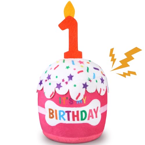 Dansydaisy Dog Birthday Cake Toy Squeaky Plush Gift,1st,Pink - color: Pink, style: 1st