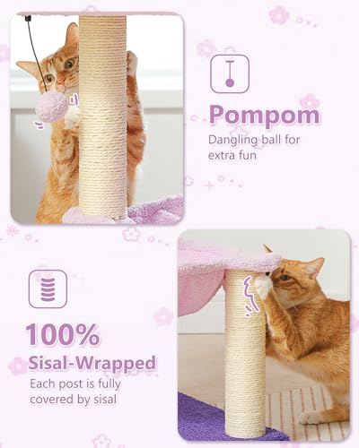 MUTTROS Flower Cat Scratching Post, 28" Cute Cat Tree Tower for Indoor Cats with Large Hammock Soft Perch Bed, Replaceable Toy Ball for Kittens, Purple - color: Purple