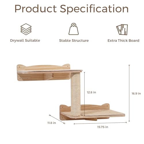 Cat Wall Shelves, 2-Tier Cat Shelves with Sisal Scratching Post, Sisal Mat Solid Pine Wood Wall Mounted Cat Climbing Furniture, Modular Design - size: 2-Tier