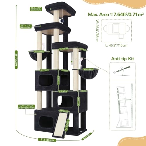 Globlazer 85 Inch Tall Cat Tree for Large Cats, Multi-Level Cat Tower for 4+ Cats with 3 Condos, 2 Hammocks & Sisal Posts, Heavy Duty Cat Tree Tower for Maine Coon, S85, Dark Grey - color: Dark Gray, size: 85 Inch