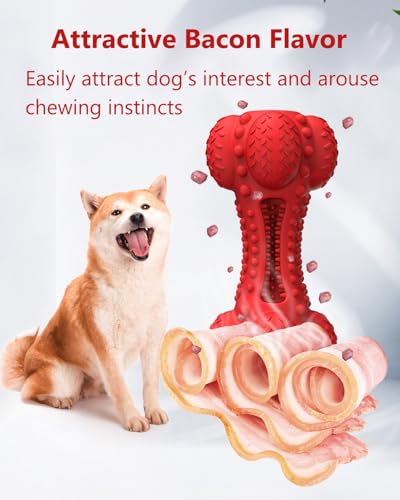 SCHITEC Squeaky Dog Chew Toy for Aggressive Chewers Large Breed, [2 Pack] Tough Interactive Teething Rubber Bone for Big Medium Dogs - color: Red & Blue