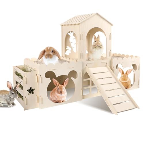 Extra Large Rabbit Castle, Wooden Bunny House & Hay Feeder, Detachable Rabbit Hideaway, Indoor Rabbit Castle with Ramp, Small Animal Houses & Habitats with Sisal Mat - size: 4 House with 2 Mat