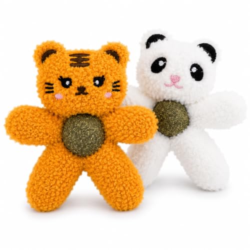 Cat Toys with Catnip Kitten Chew Bite Supplies Boredom Relief Fluffy Kitty Teeth Cleaning Chewing Cat Lovers Interactive Plush Gift (Tiger&Panda) - color: Tiger&Panda