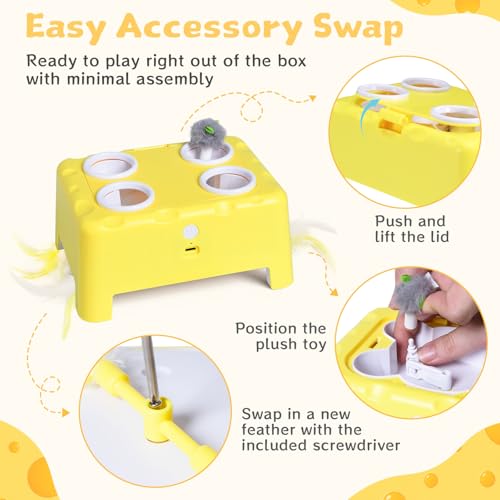 Interactive Cat Feather Toy Cheese Box 3in1 Whack a Mole - color: Yellow