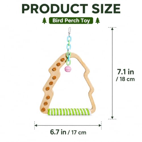 Wooden Parrot Swing Toy, Christmas Tree Shape Bird Perch with Cork Nibbles, Bell, for Budgies, Cockatiels, Conures