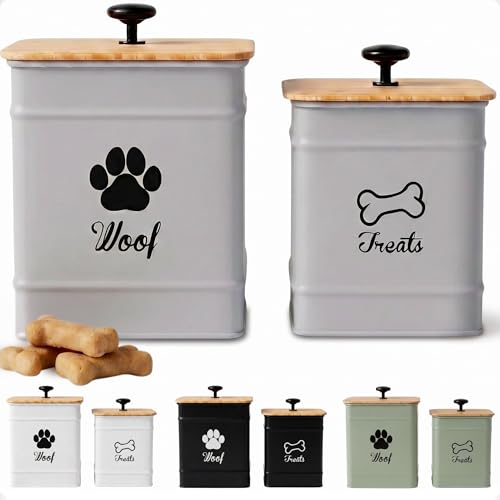 Dog Treat Container Set of 2 with Airtight Bamboo Lids - 8x6 & 7x5 inch - color: Gray - Large