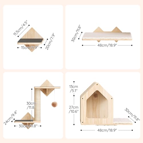 HOOBRO Wood Cat Wall Shelves, Set of 5 Cat Wall Mounted Furniture, Climbing Shelves with House, Steps, Scratching Post, Perch, Sturdy and Anti-Slip, Natural NL43CS03G1