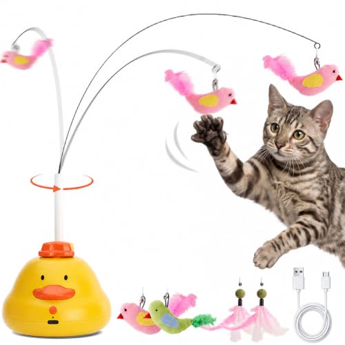 KITPLUS Interactive Cat Toy for Indoor Cats: Automatic Rotating Feather Wand with Bird Sounds, Rechargeable Self Play Kitten Exercise Toy, 360° Moving Cat Enrichment Toy for Bored Adult Cats Vine 2