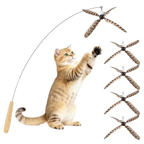 Cat Wand Toys Interactive for Indoor Cats, 4PC 4-Blade Feather Propeller Refills, 1PC Cat Wand (Wild-Style Brown) - color: Wild-Style Brown