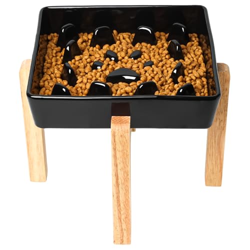 GDCZ Square Ceramic Dog Slow Feeder Bowls (Black, M-1.8 Cups+Stand) - color: Black, size: M-1.8 Cups+Stand