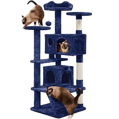 Yaheetech 54in Cat Tree Tower, 2 Caves, Kitten-Ear Perch & Scratching Posts - color: Navy Blue, size: 54in