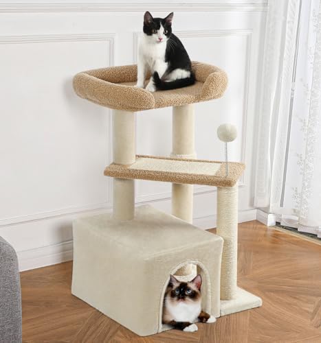 Made4Pets Cat Tree, Carpet Cat Tower Grey for Indoors Cats, Cute Wood Kitty Condo with Scratching Post and Pad, 29" Multi-Level Modern Activity Climbing Furniture for Small and Medium Cats - color: Buff Yellow