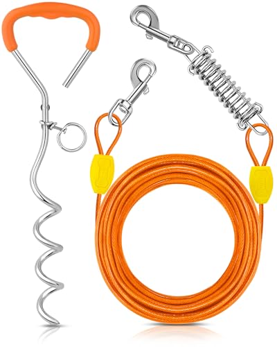 Petbobi Dog Tie Out Cable and Stake, 30ft Heavy Duty Dog Leads for Yard - color: Orange, size: 30 ft (120 lbs)