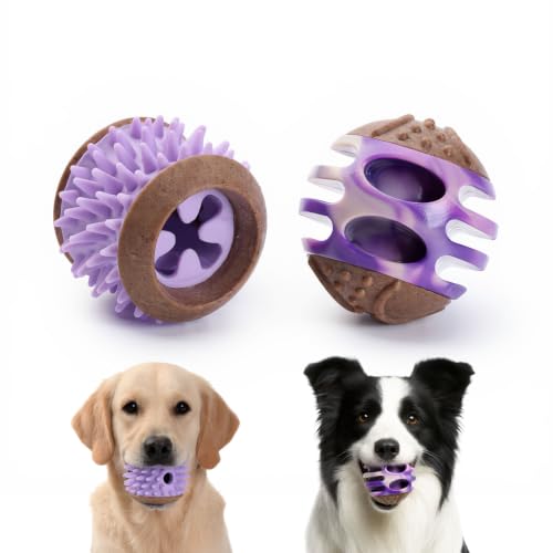 MECOOL 2PCS Durable Dog Chew Toys, Squeaky Chew Ball & Treat Dispensing Toy, Tough Nylon Ends & Natural Rubber for Aggressive Chewers, Interactive Puzzle Toys for All Breed Dogs,Bacon Flavored,Purple - color: Purple