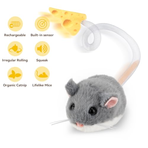 Migipaws Interactive MigiMouse Cat Toy 360° Rolling & Spin with Mesh Plastic Tail for Indoor Cats Smart Motion Sensor, Realistic Squeak, Rechargeable Plush Kitten Toy(Grey)