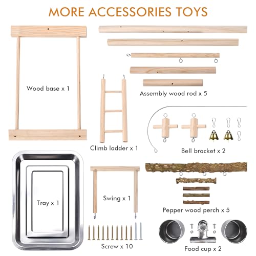 Natural Wood Parrot Playground Perch Stand with Feeder Cups, Tray, Ladder, Swing & Bells, Play Gym for Top of Cage, Cage Accessories for Lovebirds, Cockatiels, Parakeets