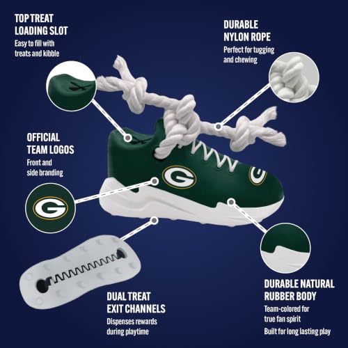 Pets First NFL Green Bay Packers Cleat Sneaker Spike Dog Toy, Football Treat Dispenser Chew Toy for Dogs, Interactive Rope Tug Toy, Slow Feeder Natural Rubber Dog Toy with Official Team Logo - color: Green Bay Packers