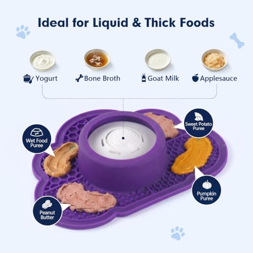 Anti-Slip Slow Feeder Dog Bowl and Lick Mat with Rolling Ball - color: Purple