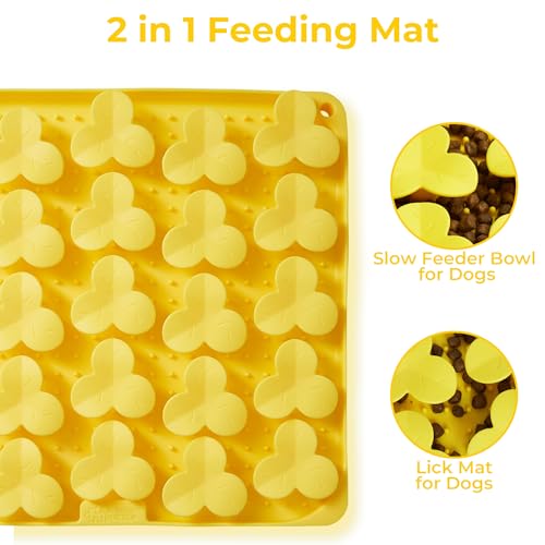 Puzzle Feeder Snuffle Mat for Dogs, Lick Mat to Slow Down Eating, Puzzle Toys for Large and Medium Breed Dogs, Silicone Bowls for Dry, Wet, Raw Food, Yellow
