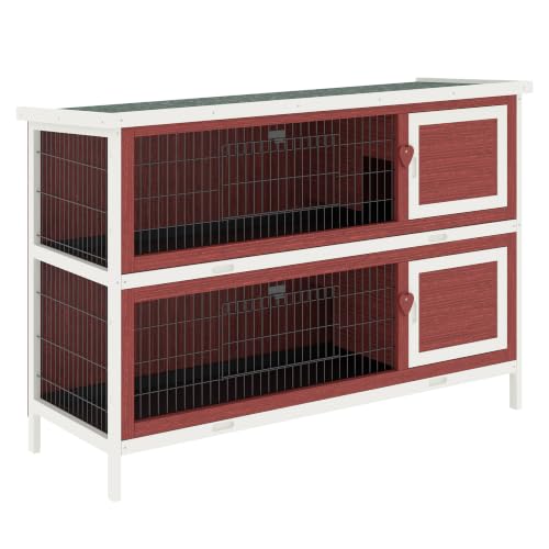 PawHut 54" 2-Story Rabbit Hutch Bunny Cage with Openable Roof, No Leak Tray and Fun Enclosed Run, for Rabbits, Chickens, Ducks, Indoor/Outdoor