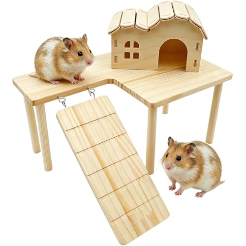 2 Pcs Wooden Hamster Platform Set, Hamster Wooden House Hideout, with Detachable Ladder Bridge, Climbing Toys, Cage Accessories, Small Animals Habitat Decor for Rat Gerbils and Other Small Pets