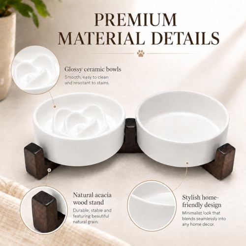 2-in-1 Ceramic Elevated Slow Feeder Dog Bowls with Acacia Wood Stand - size: Small