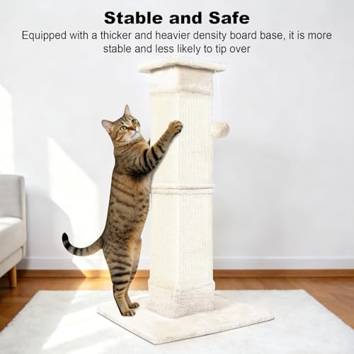 Cat Scratching Post 33 Inch for Indoor Cats, Sisal Cat Scratcher, Beige - color: Beige White