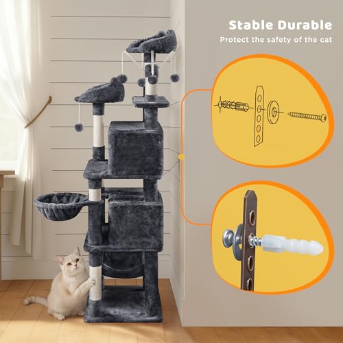 Yaheetech 67in Multi-Level Cat Tree Tower with Dangling Teaser Toys - color: Dark Gray