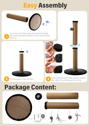 34inches Tall Cat Scratching Post with Plush Base Cat Scratcher for Indoor Cat with Natural Sisal Rope, Black Round Platform,Have 4 Replacement Pendant