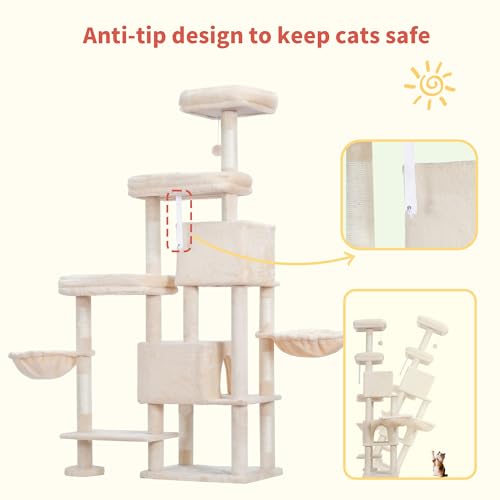 Hey-brother Cat Tree Tower with Stable Extended Base, 3 Platforms, MPJ038M - color: Beige